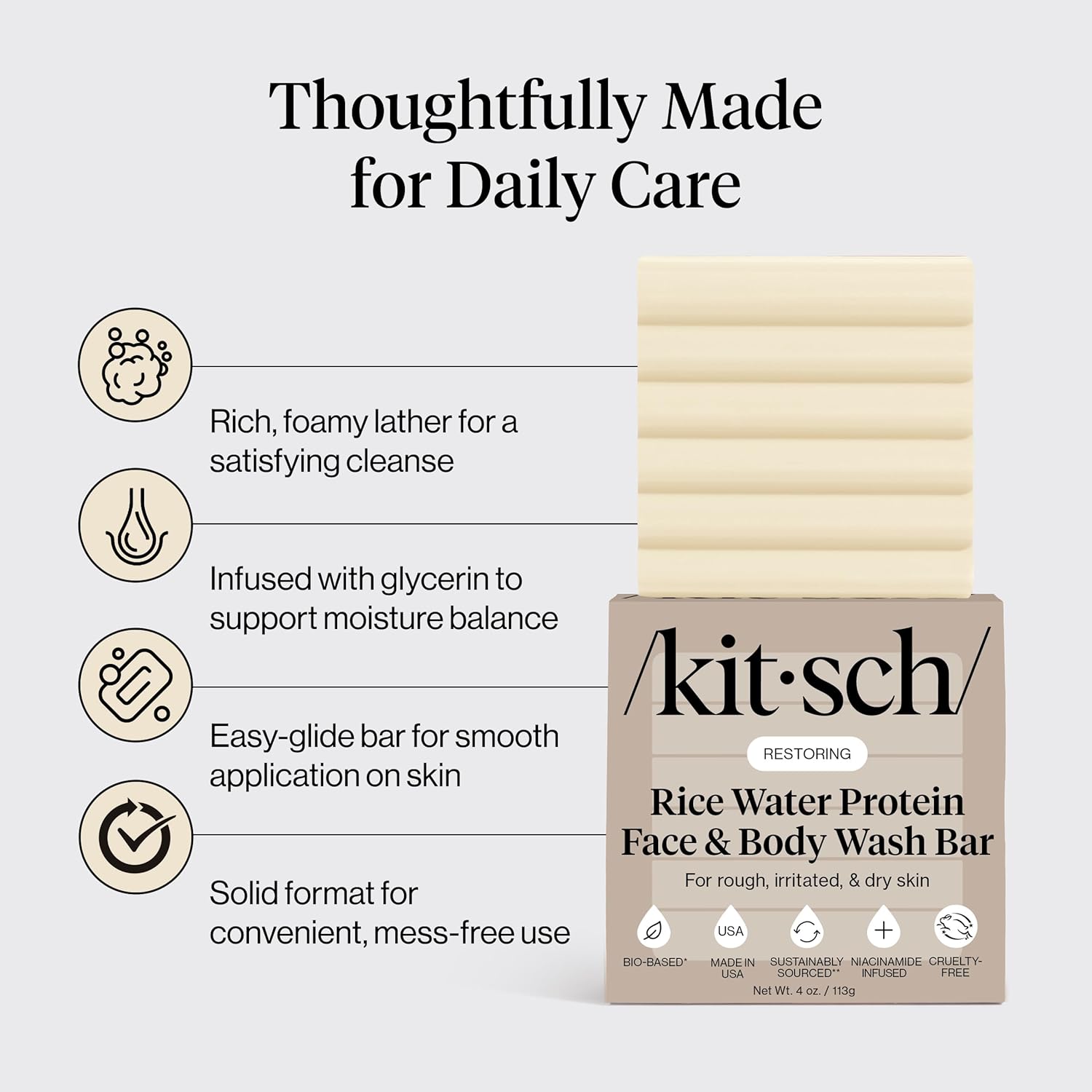 KITSCH Rice Water Protein Face & Body Wash Bar - Barra Limpiadora de Agua de Arroz para Rostro y Cuerpo