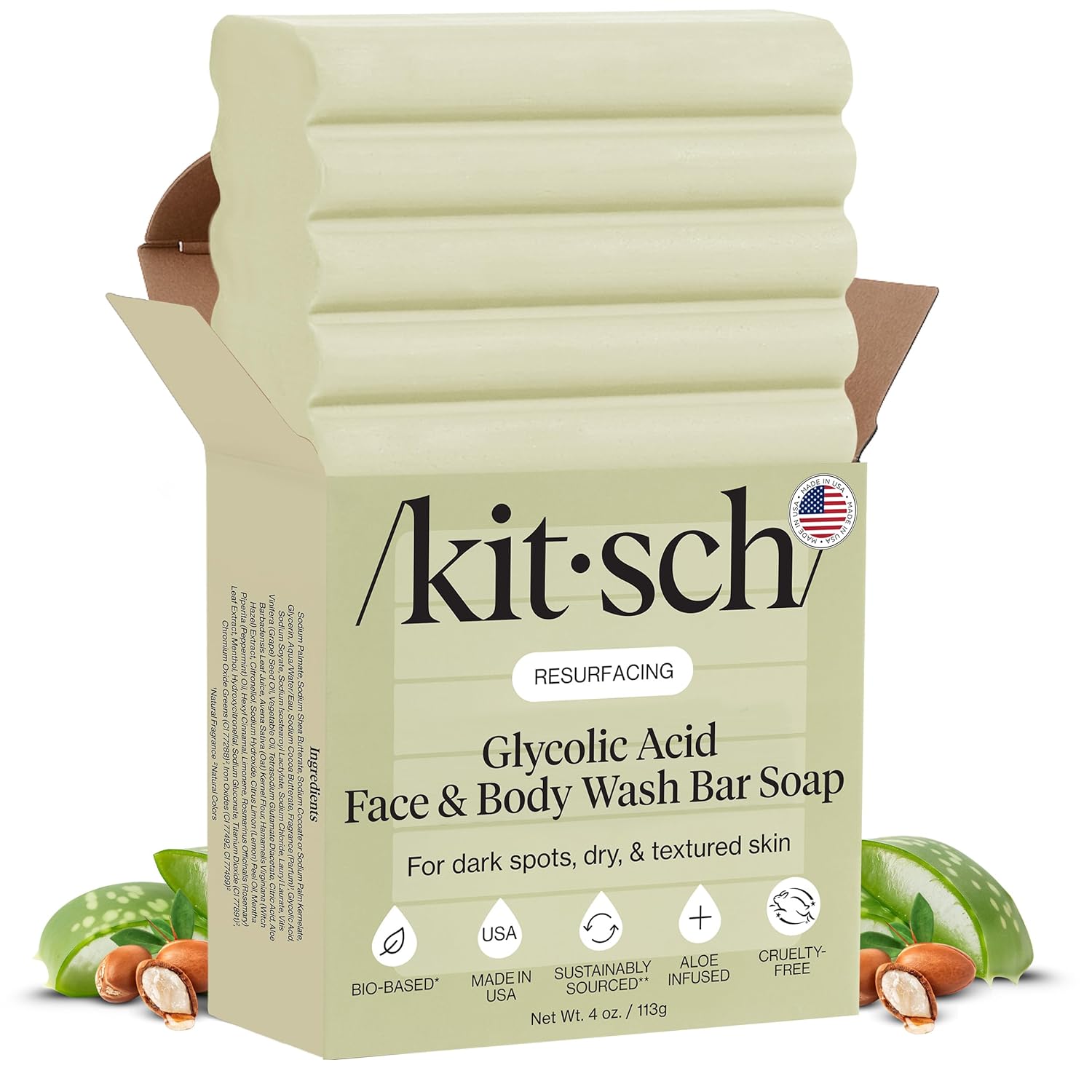 KITSCH Resurfacing Glycolic Acid Face & Body Wash Bar - Barra de Jabón de Lavado de Cara y Cuerpo de Ácido Glicólico