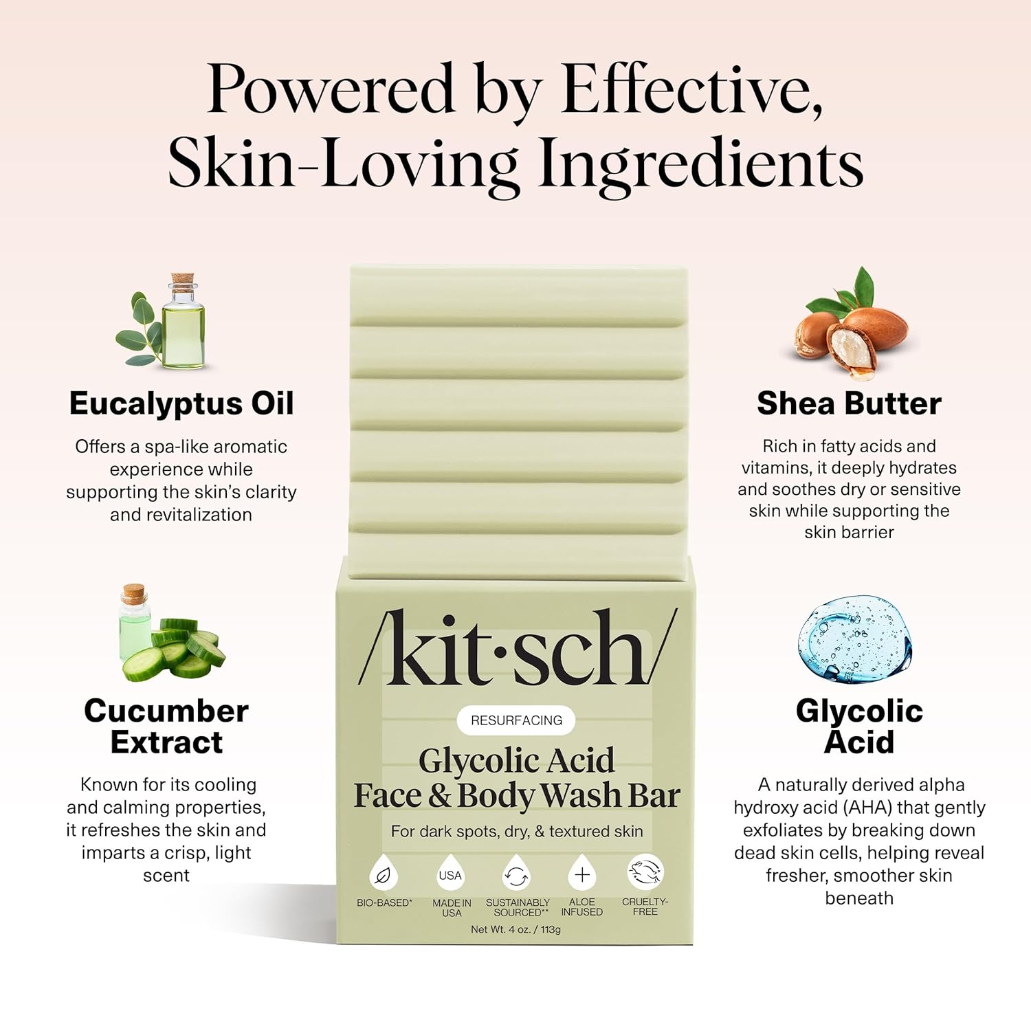 KITSCH Resurfacing Glycolic Acid Face & Body Wash Bar - Barra de Jabón de Lavado de Cara y Cuerpo de Ácido Glicólico