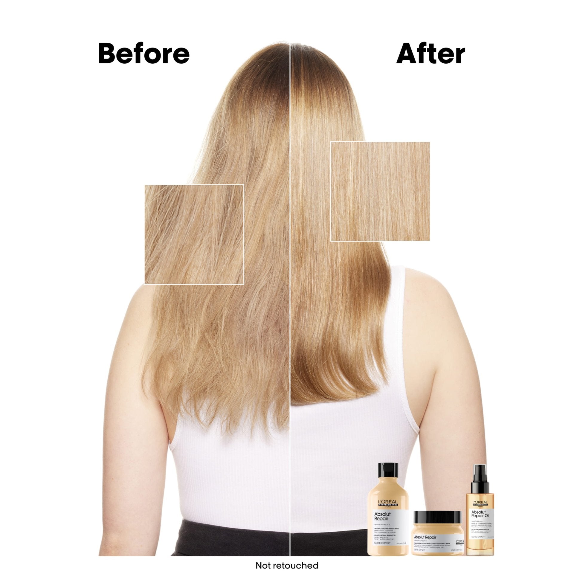 Antes y después cabello dañado con Absolut Repair Gold L'Oréal Professionnel